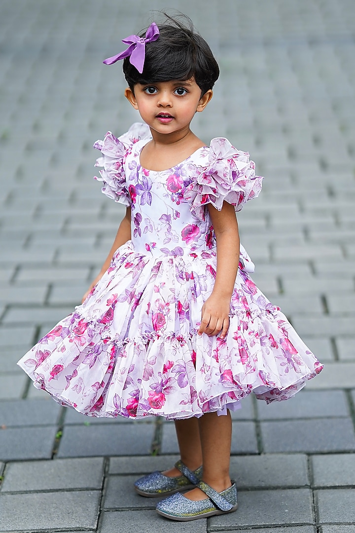 White Organza Floral Printed Dress For Girls by Li & Li Boutique at Pernia's Pop Up Shop