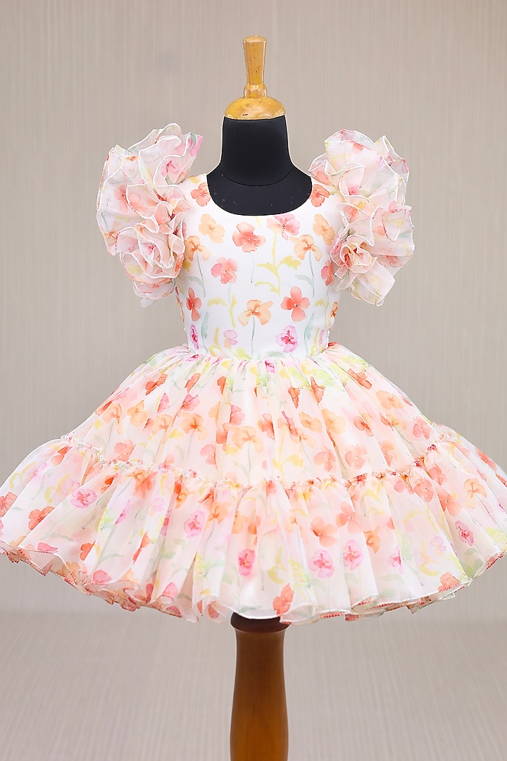 Peach Organza Floral Printed Dress For Girls by Li & Li Boutique at Pernia's Pop Up Shop