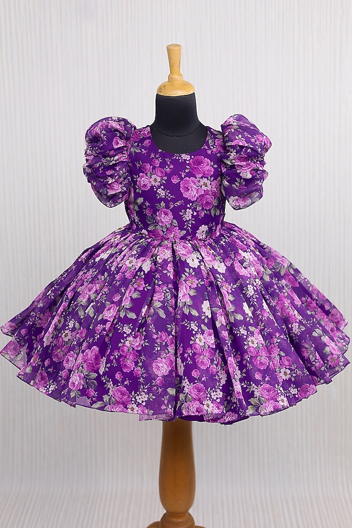 Purple Organza Floral Printed Gown For Girls by Li & Li Boutique at Pernia's Pop Up Shop