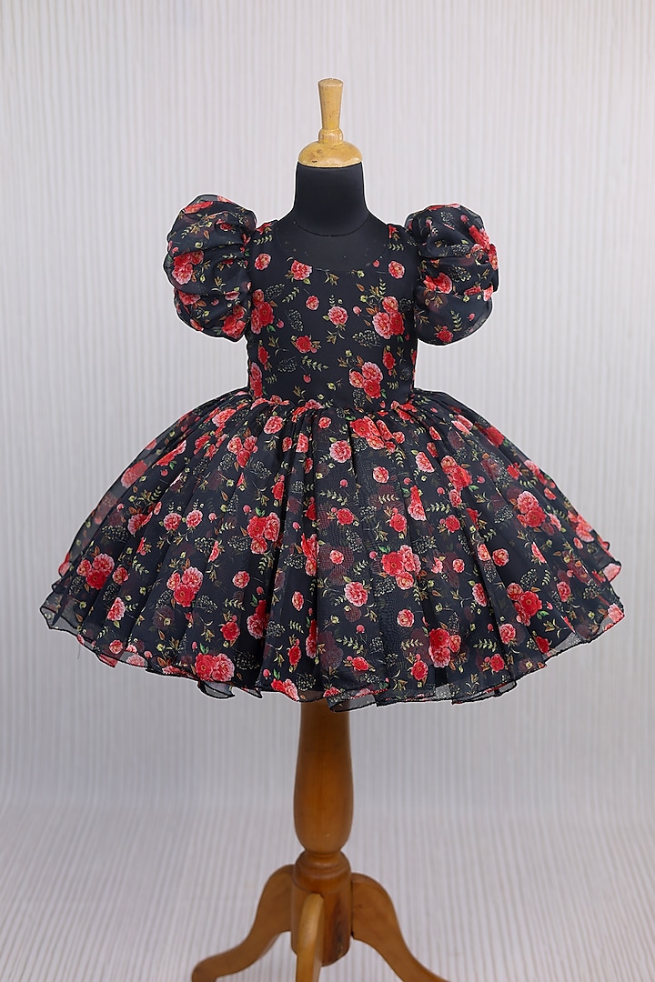 Black & Red Organza Floral Printed Gown For Girls by Li & Li Boutique at Pernia's Pop Up Shop