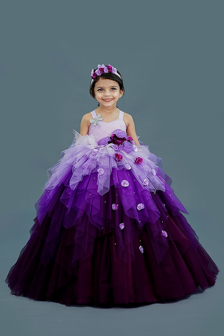 Lavender Net & Satin Floral Embellished Layered Gown For Girls by Li & Li Boutique at Pernia's Pop Up Shop