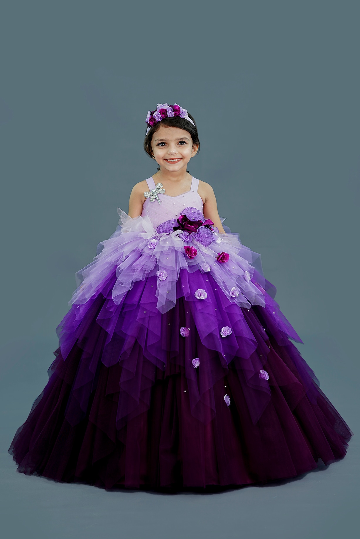 Lavender Net Satin Floral Embellished Layered Gown For Girls by