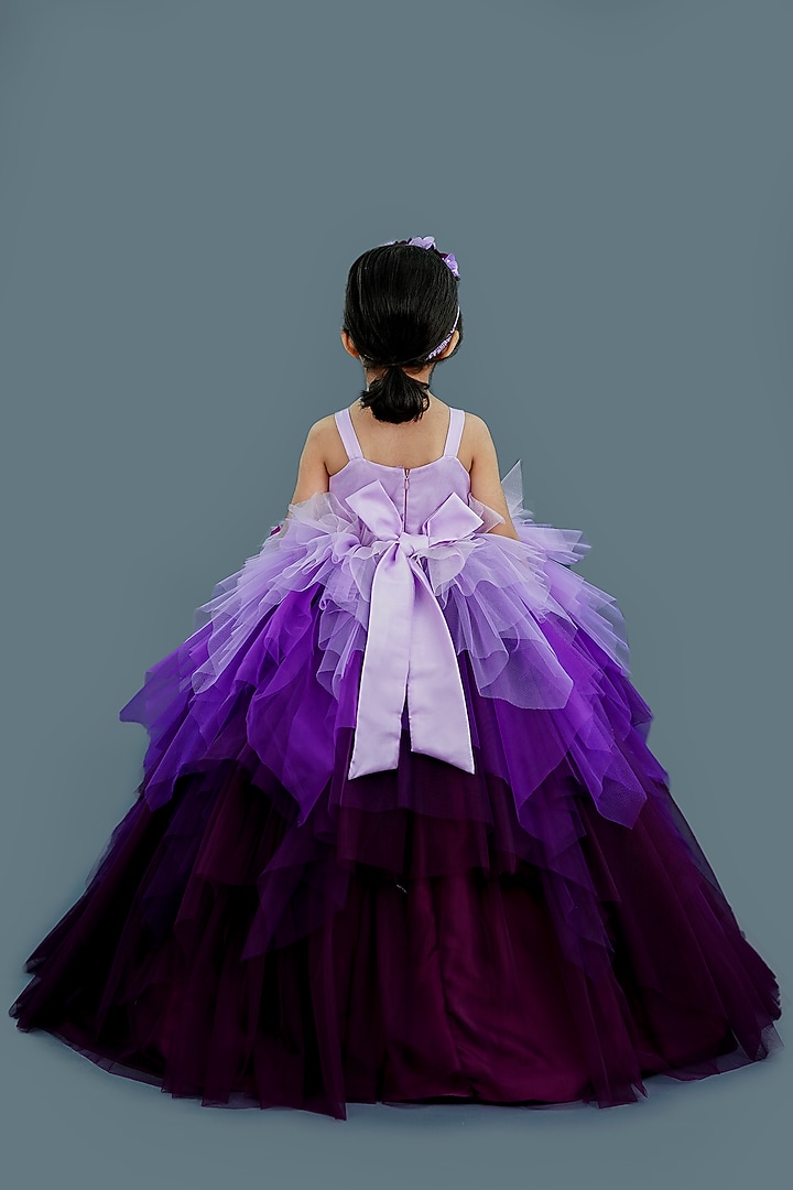 Lavender Net & Satin Floral Embellished Layered Gown For Girls by Li & Li Boutique at Pernia's Pop Up Shop