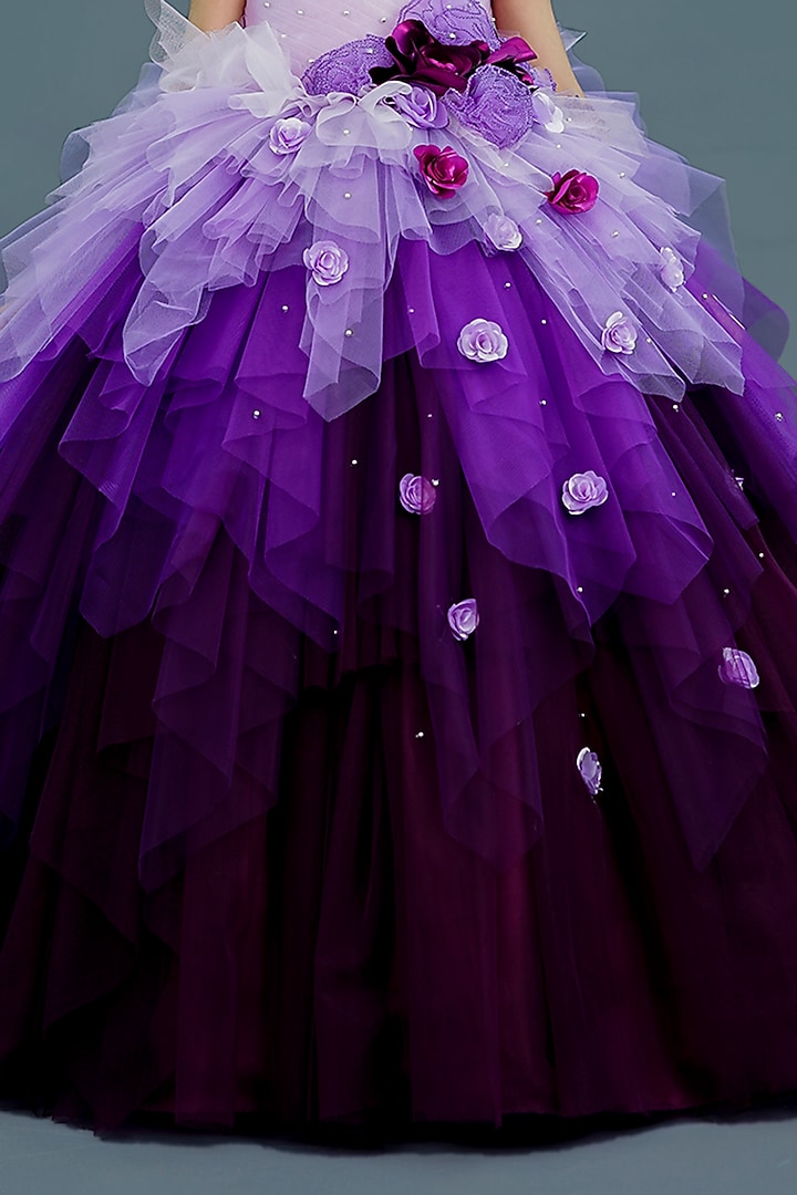 Lavender Net & Satin Floral Embellished Layered Gown For Girls by Li & Li Boutique at Pernia's Pop Up Shop