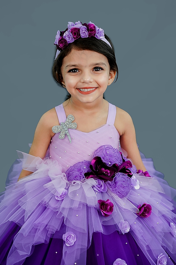 Lavender Net & Satin Floral Embellished Layered Gown For Girls by Li & Li Boutique at Pernia's Pop Up Shop