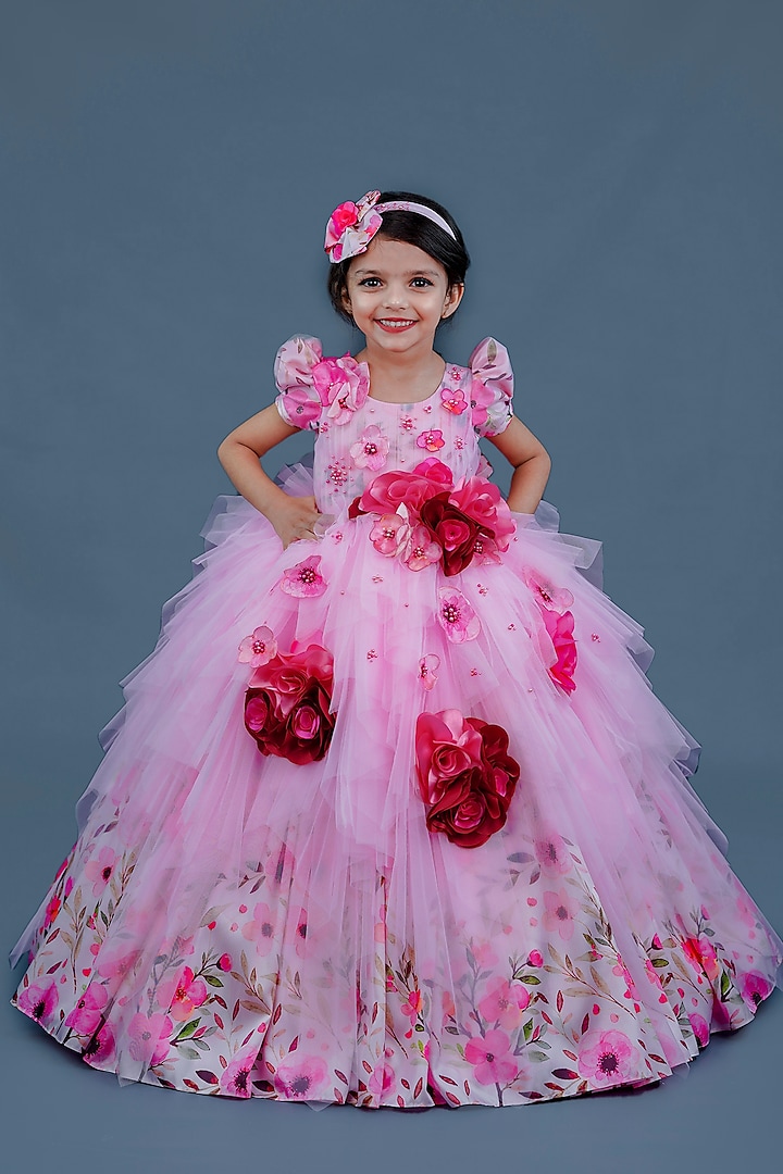 Rose Pink & Wine Red Taffeta Floral Printed Gown For Girls by Li & Li Boutique at Pernia's Pop Up Shop