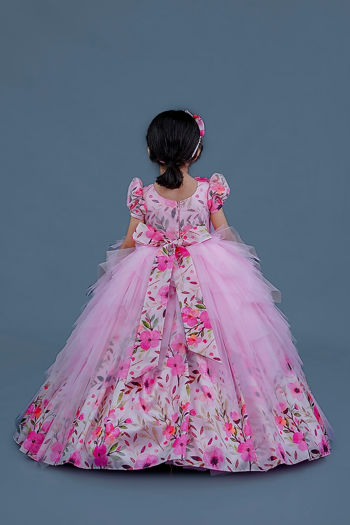 Rose Pink & Wine Red Taffeta Floral Printed Gown For Girls by Li & Li Boutique at Pernia's Pop Up Shop