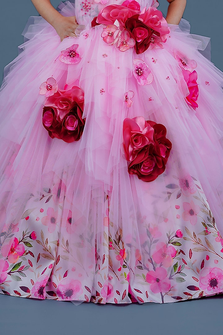 Rose Pink & Wine Red Taffeta Floral Printed Gown For Girls by Li & Li Boutique at Pernia's Pop Up Shop