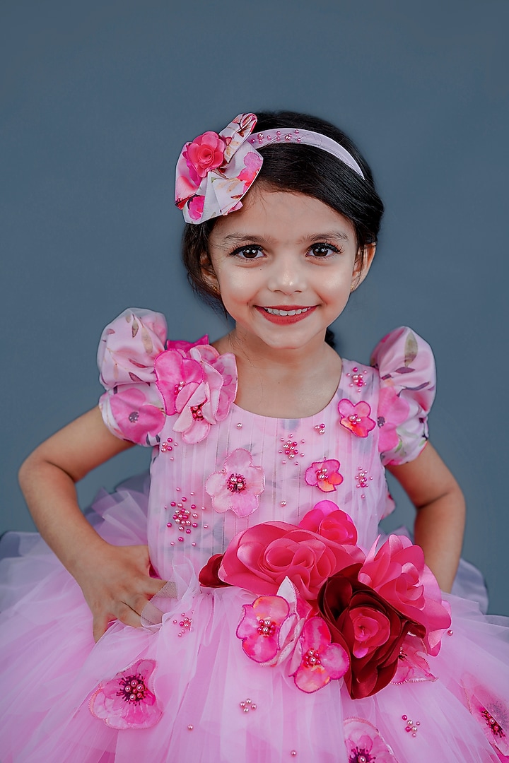Rose Pink & Wine Red Taffeta Floral Printed Gown For Girls by Li & Li Boutique at Pernia's Pop Up Shop