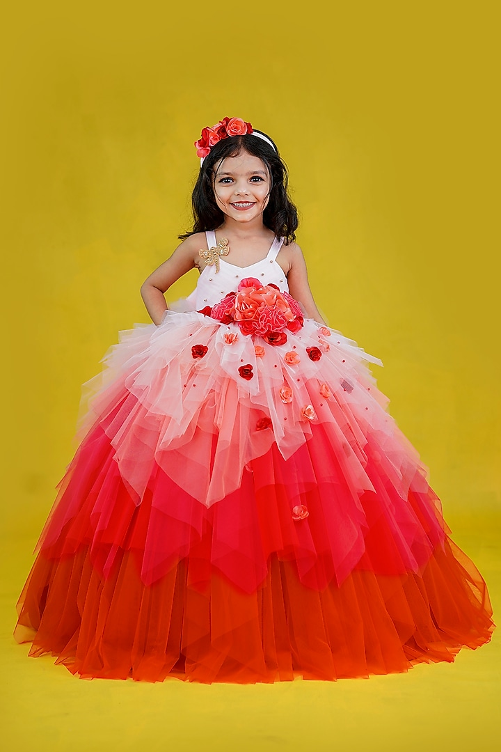 Light Peach Net & Satin Floral Embellished Layered Gown For Girls by Li & Li Boutique at Pernia's Pop Up Shop