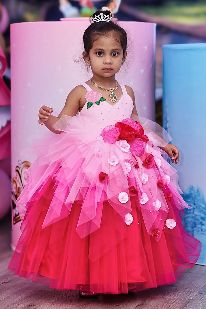 Light Baby Pink Net & Satin Floral Embellished Layered Gown For Girls by Li & Li Boutique at Pernia's Pop Up Shop