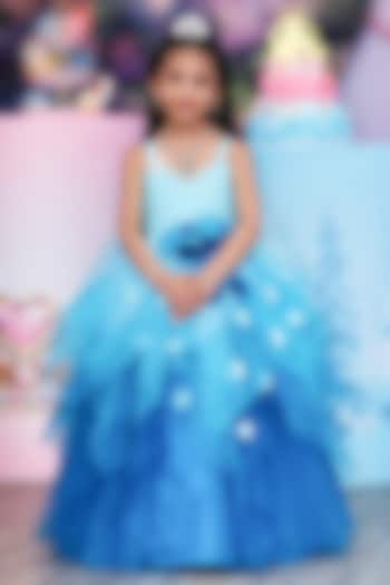 Light Baby Blue Net & Satin Floral Embellished Layered Gown For Girls by Li & Li Boutique at Pernia's Pop Up Shop