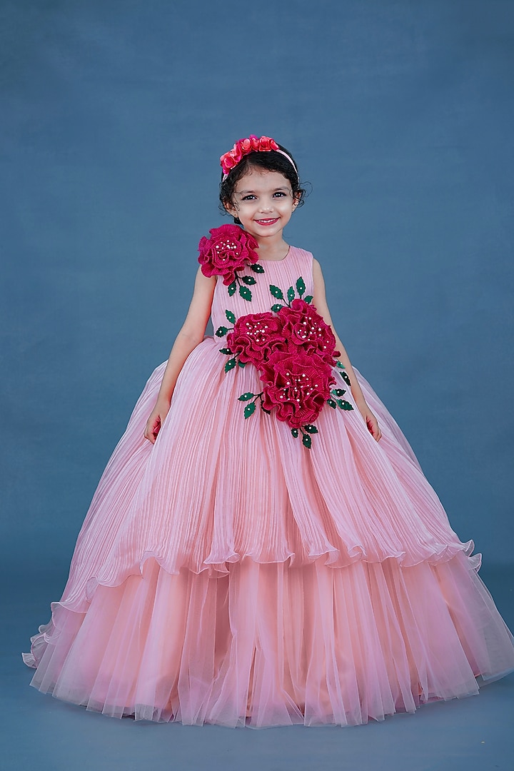 Pastel Pink Pleated Satin & Net Floral Embellished Textured Gown For Girls by Li & Li Boutique at Pernia's Pop Up Shop