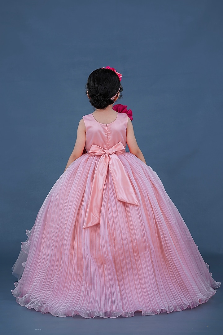 Pastel Pink Pleated Satin & Net Floral Embellished Textured Gown For Girls by Li & Li Boutique at Pernia's Pop Up Shop
