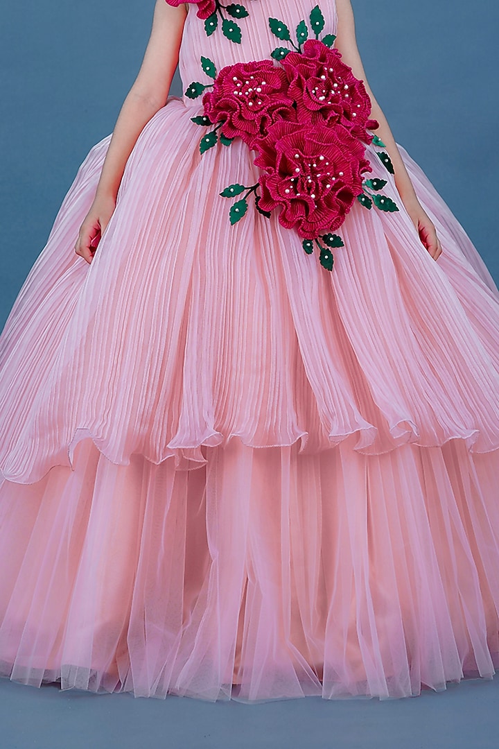 Pastel Pink Pleated Satin & Net Floral Embellished Textured Gown For Girls by Li & Li Boutique at Pernia's Pop Up Shop