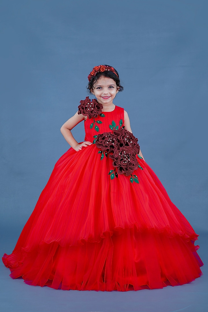 Red Pleated Satin & Net Floral Embellished Textured Gown For Girls by Li & Li Boutique at Pernia's Pop Up Shop