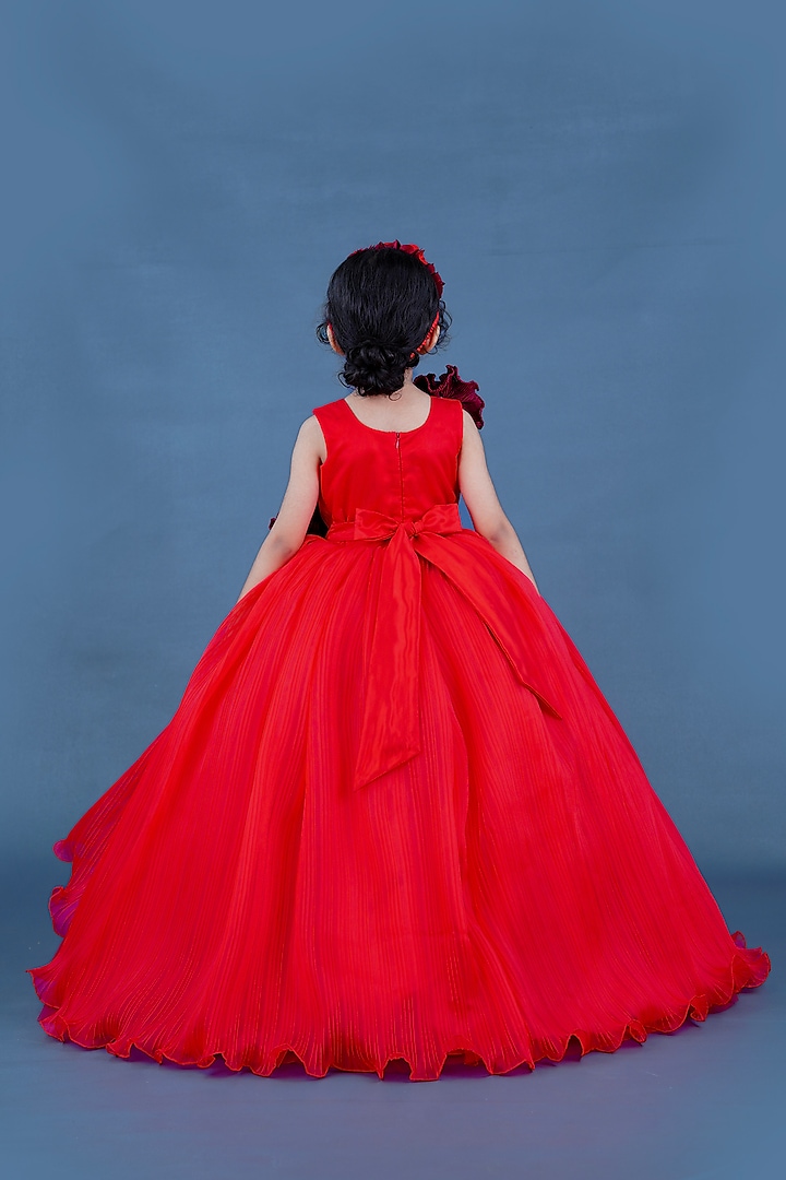 Red Pleated Satin & Net Floral Embellished Textured Gown For Girls by Li & Li Boutique at Pernia's Pop Up Shop