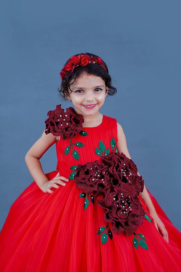 Red Pleated Satin & Net Floral Embellished Textured Gown For Girls by Li & Li Boutique at Pernia's Pop Up Shop