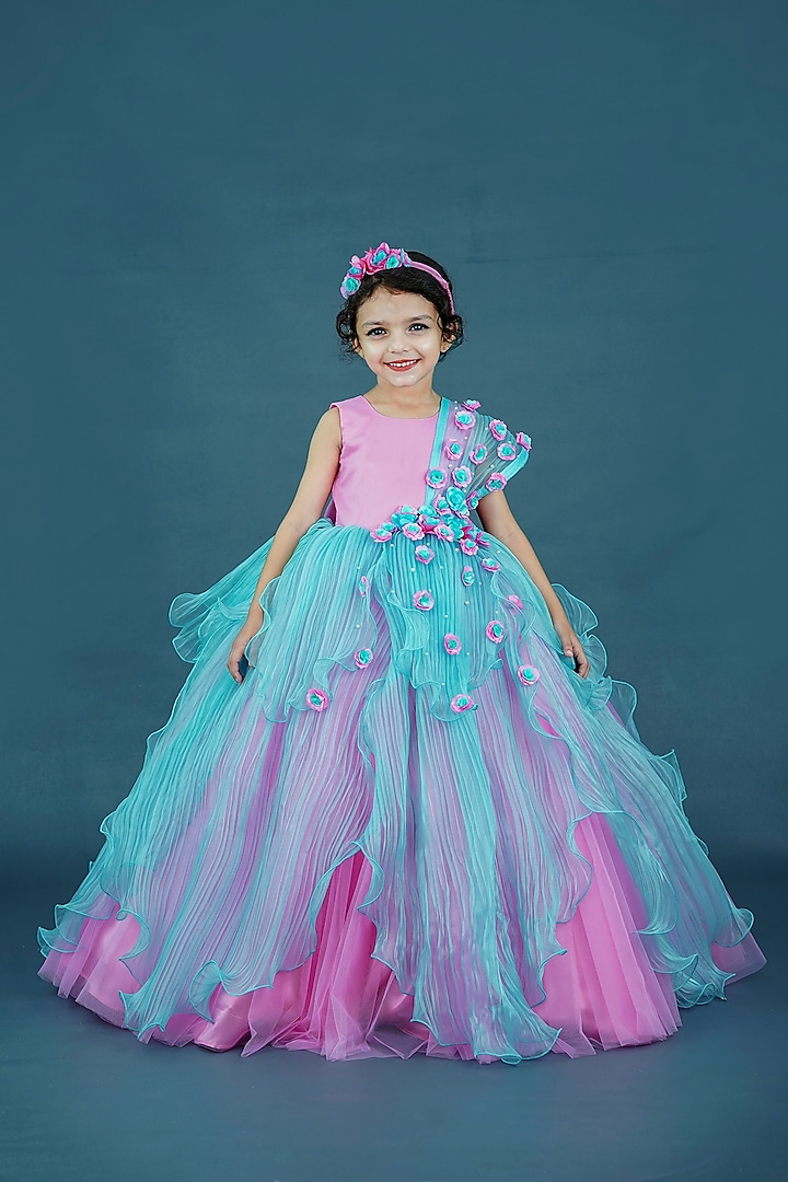 Pink Pleated Satin & Net Floral Embellished Gown For Girls by Li & Li Boutique at Pernia's Pop Up Shop