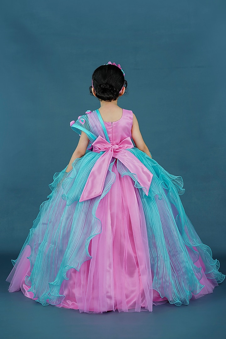 Pink Pleated Satin & Net Floral Embellished Gown For Girls by Li & Li Boutique at Pernia's Pop Up Shop