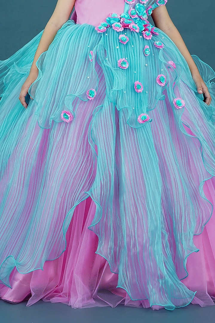 Pink Pleated Satin & Net Floral Embellished Gown For Girls by Li & Li Boutique at Pernia's Pop Up Shop