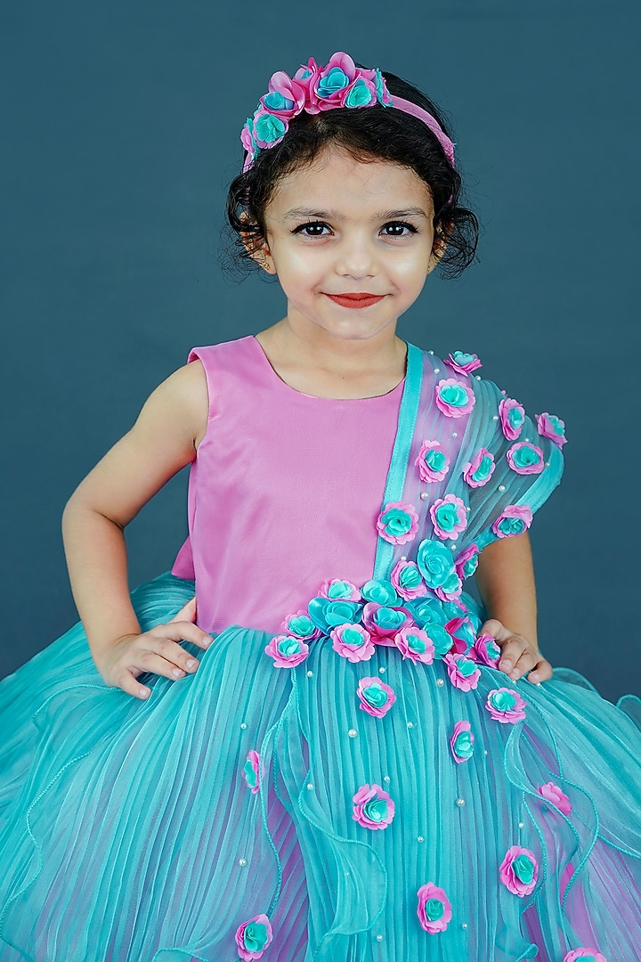 Pink Pleated Satin & Net Floral Embellished Gown For Girls by Li & Li Boutique at Pernia's Pop Up Shop