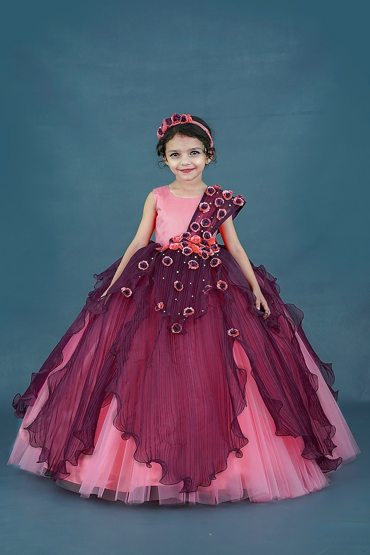 Coral & Plum Purple Pleated Satin Floral Embellished Gown For Girls by Li & Li Boutique at Pernia's Pop Up Shop