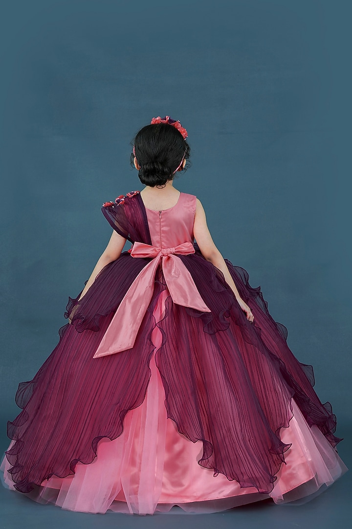 Coral & Plum Purple Pleated Satin Floral Embellished Gown For Girls by Li & Li Boutique at Pernia's Pop Up Shop