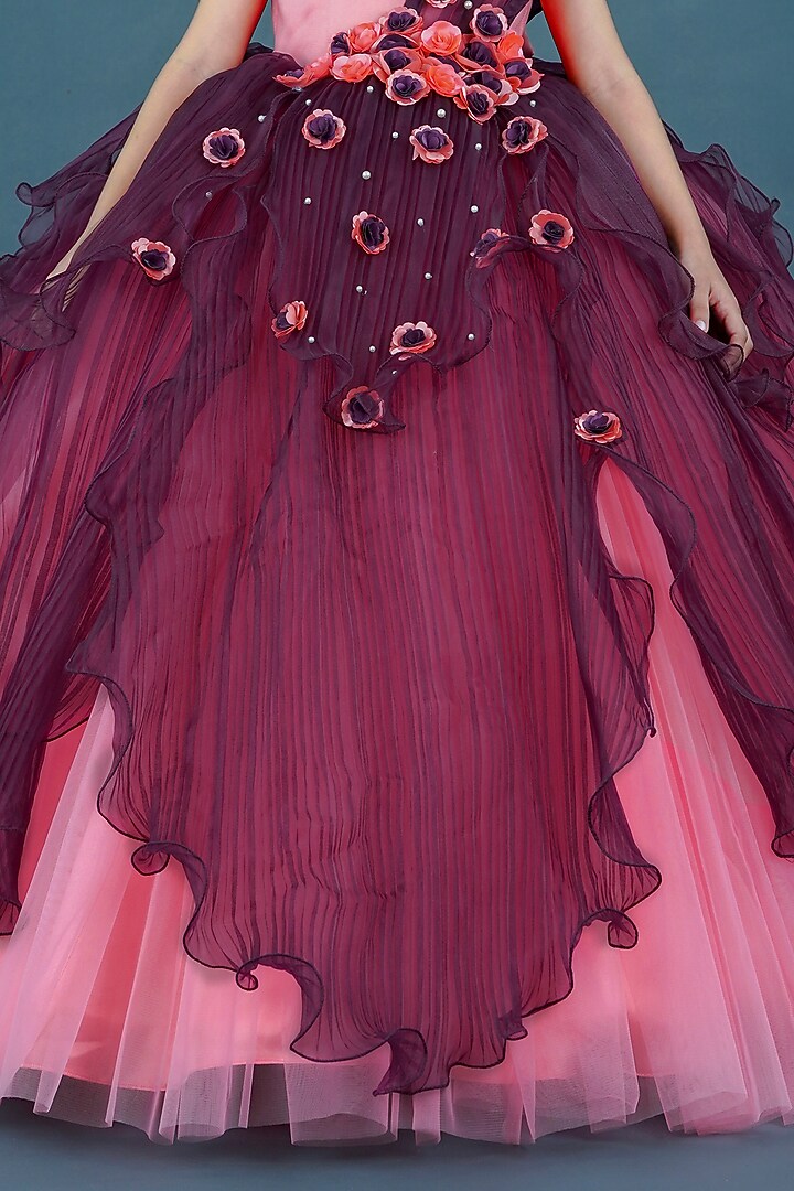 Coral & Plum Purple Pleated Satin Floral Embellished Gown For Girls by Li & Li Boutique at Pernia's Pop Up Shop