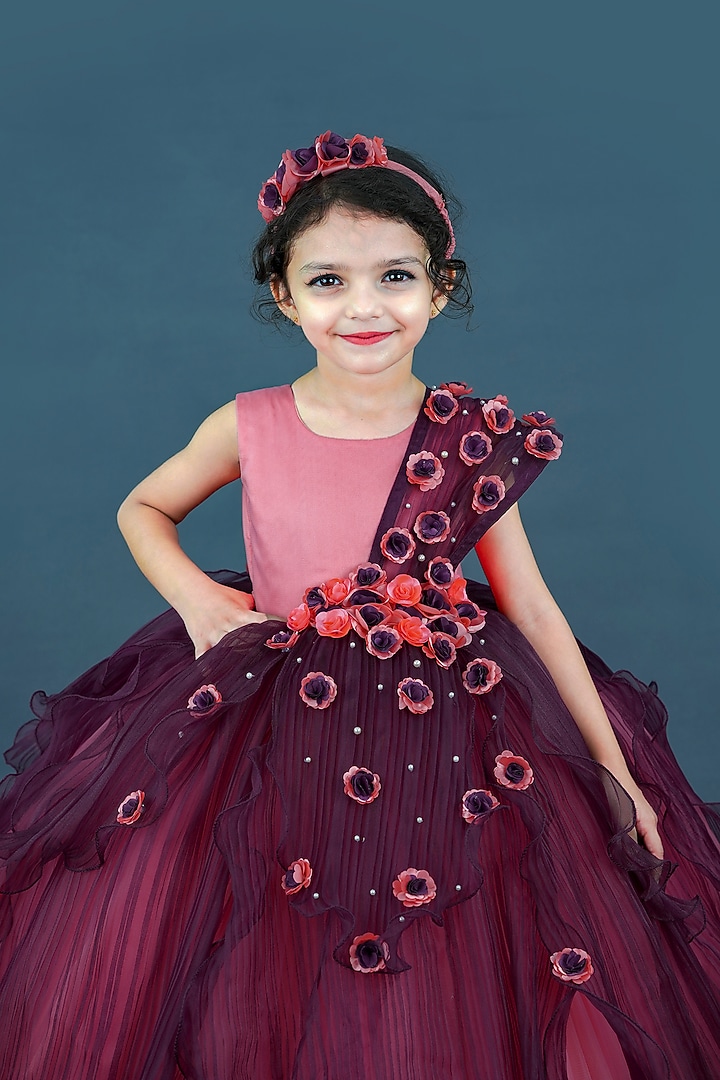 Coral & Plum Purple Pleated Satin Floral Embellished Gown For Girls by Li & Li Boutique at Pernia's Pop Up Shop