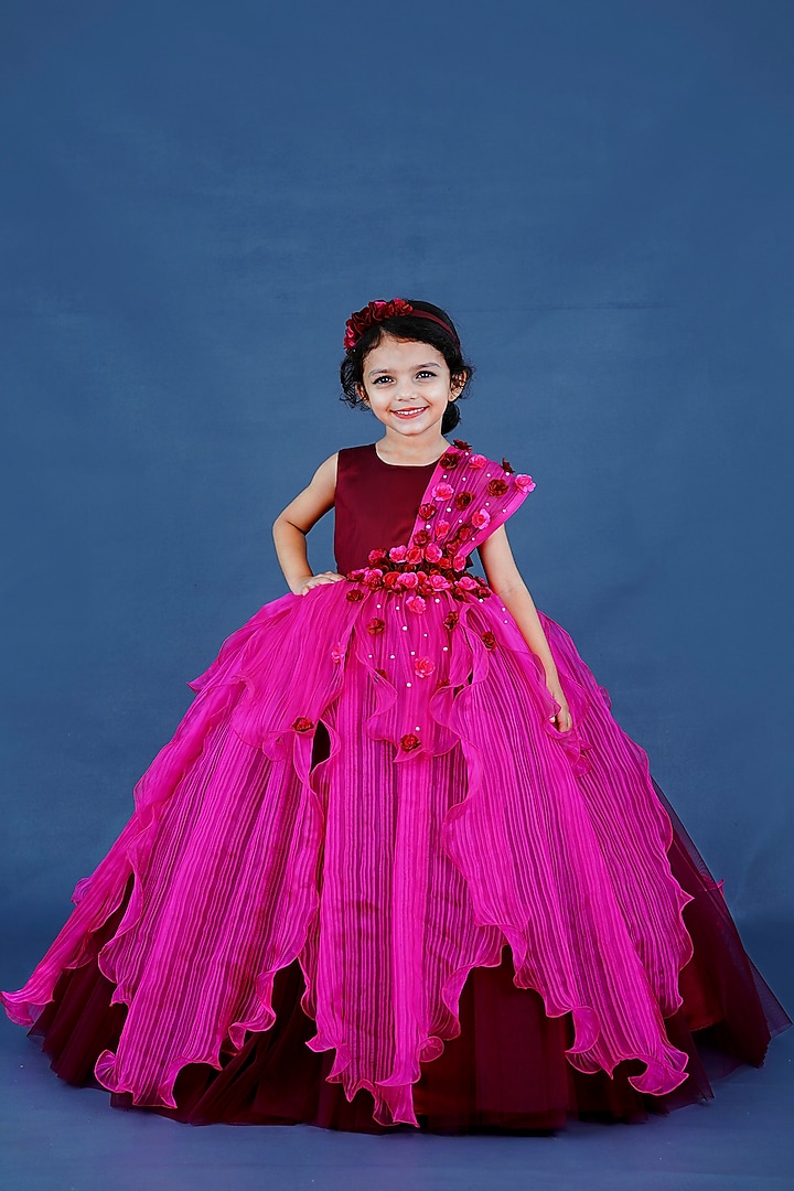 Burgundy Pleated Satin & Net Floral Embellished Gown For Girls by Li & Li Boutique at Pernia's Pop Up Shop