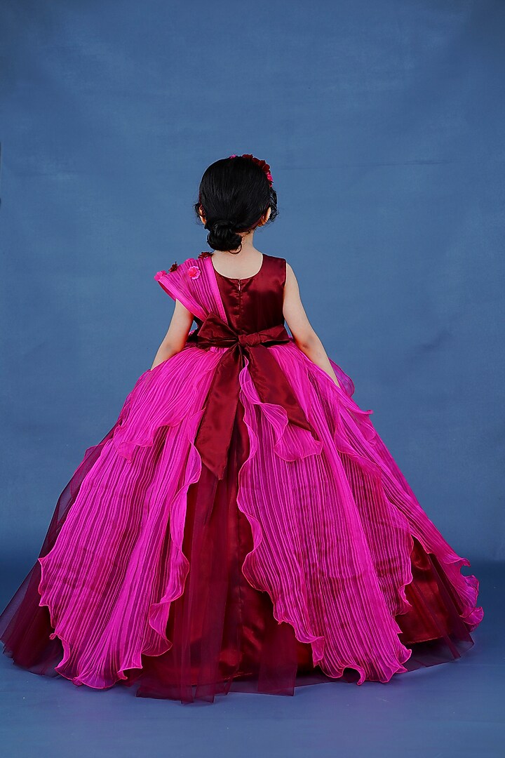 Burgundy Pleated Satin & Net Floral Embellished Gown For Girls by Li & Li Boutique at Pernia's Pop Up Shop