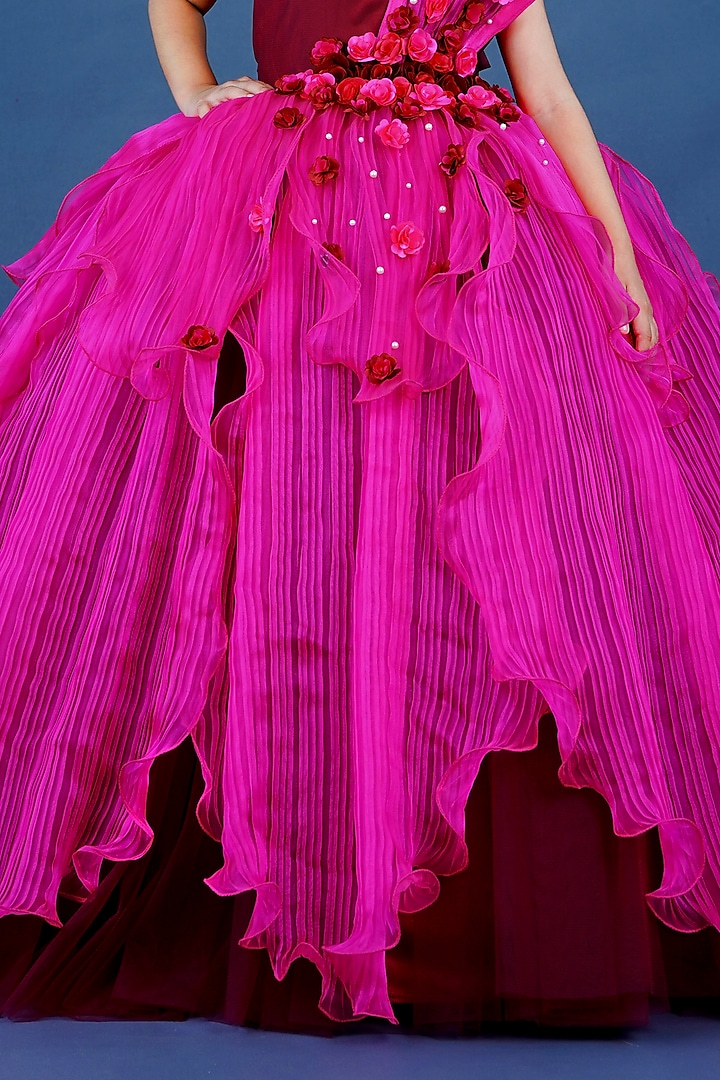 Burgundy Pleated Satin & Net Floral Embellished Gown For Girls by Li & Li Boutique at Pernia's Pop Up Shop