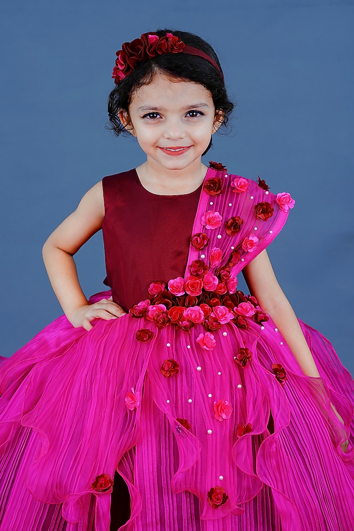 Burgundy Pleated Satin & Net Floral Embellished Gown For Girls by Li & Li Boutique at Pernia's Pop Up Shop