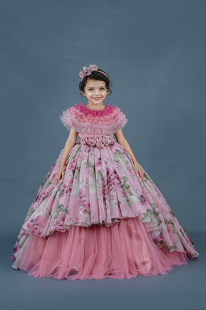 Onion Pink Organza & Satin Floral Printed & Embellished Gown For Girls by Li & Li Boutique at Pernia's Pop Up Shop