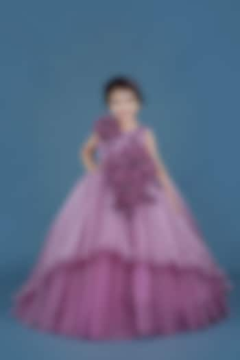 Lilac Pleated Satin & Net Floral Embellished Gown For Girls by Li & Li Boutique at Pernia's Pop Up Shop