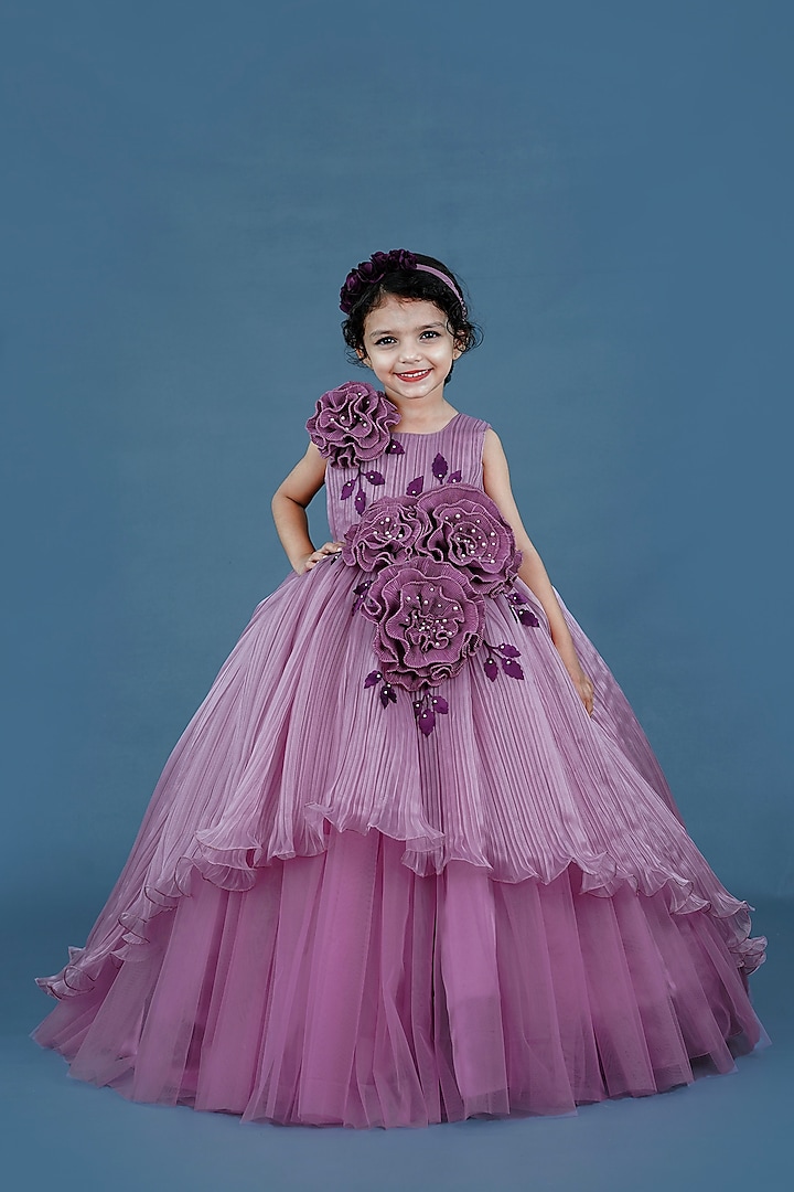 Lilac Pleated Satin & Net Floral Embellished Gown For Girls by Li & Li Boutique at Pernia's Pop Up Shop