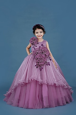 Lilac Pleated Satin & Net Floral Embellished Gown For Girls by Li & Li Boutique