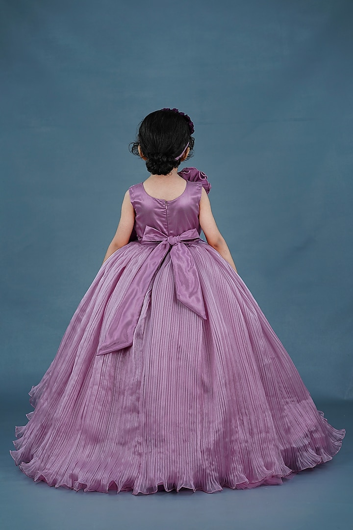 Lilac Pleated Satin & Net Floral Embellished Gown For Girls by Li & Li Boutique at Pernia's Pop Up Shop