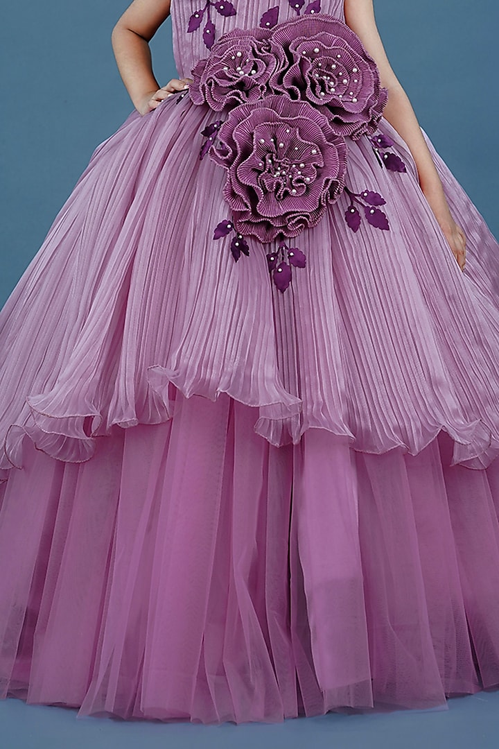 Lilac Pleated Satin & Net Floral Embellished Gown For Girls by Li & Li Boutique at Pernia's Pop Up Shop
