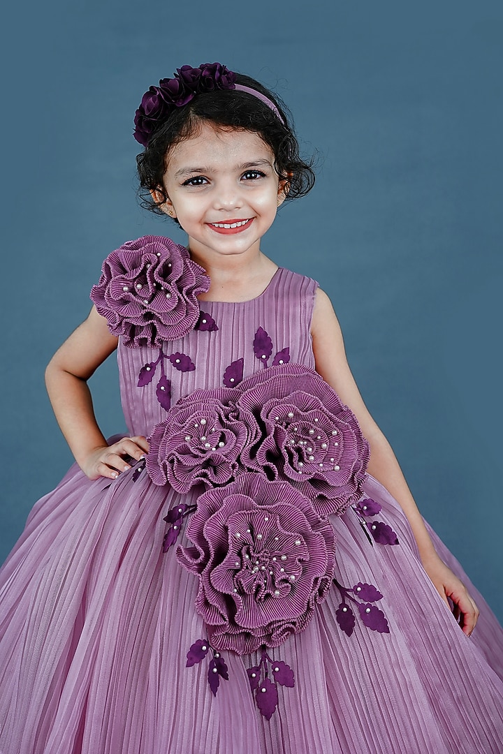 Lilac Pleated Satin & Net Floral Embellished Gown For Girls by Li & Li Boutique at Pernia's Pop Up Shop