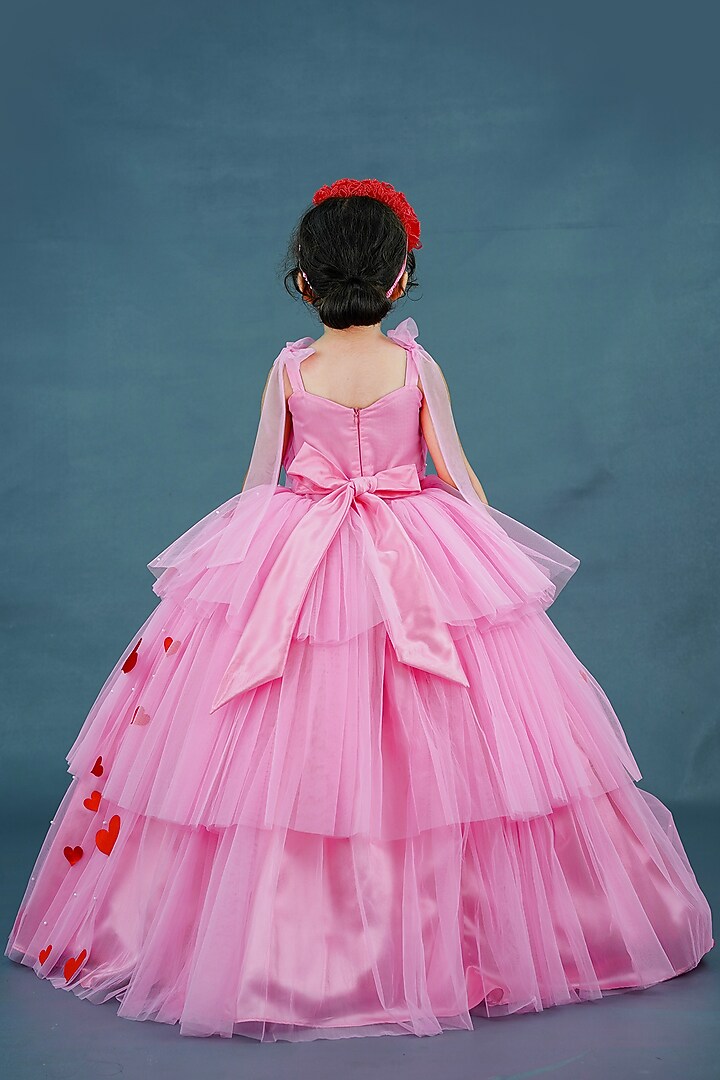 Pastel Pink Net & Satin Embellished Layered Gown For Girls by Li & Li Boutique at Pernia's Pop Up Shop