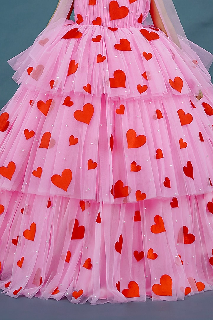 Pastel Pink Net & Satin Embellished Layered Gown For Girls by Li & Li Boutique at Pernia's Pop Up Shop