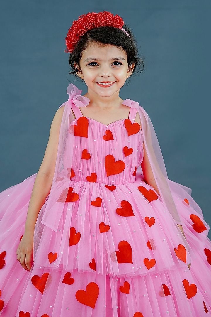Pastel Pink Net & Satin Embellished Layered Gown For Girls by Li & Li Boutique at Pernia's Pop Up Shop