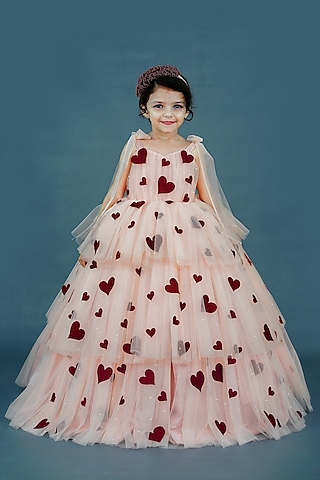 Pastel Peach Net & Satin Embellished Layered Gown For Girls by Li & Li Boutique