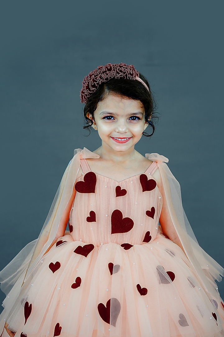 Pastel Peach Net & Satin Embellished Layered Gown For Girls by Li & Li Boutique at Pernia's Pop Up Shop