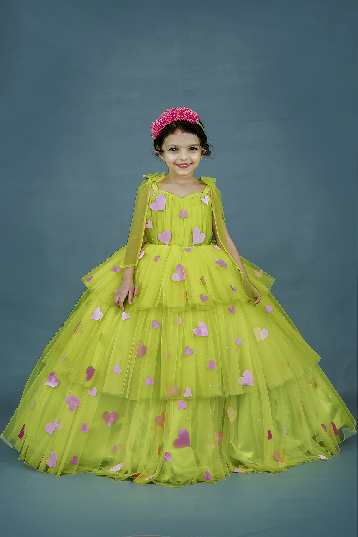 Lime Green Net & Satin Embellished Layered Gown For Girls by Lime Green Net & Satin Embellished Layered Gown For Girls by