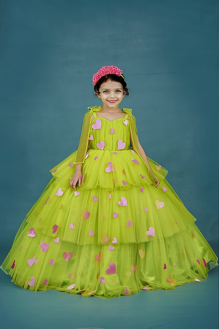 Lime Green Net & Satin Embellished Layered Gown For Girls by Li & Li Boutique at Pernia's Pop Up Shop