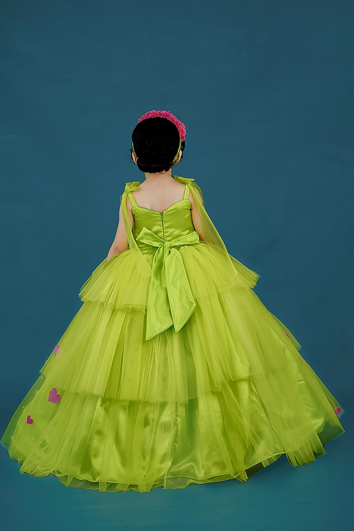 Lime Green Net & Satin Embellished Layered Gown For Girls by Li & Li Boutique at Pernia's Pop Up Shop
