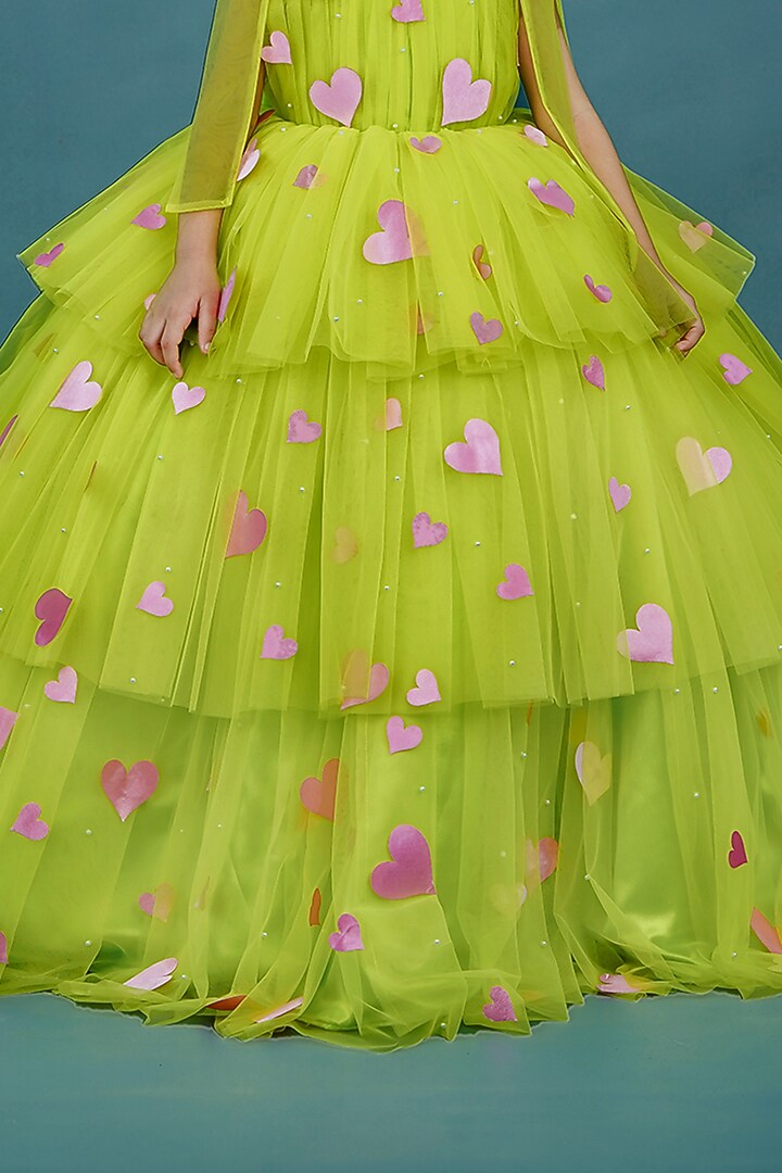 Lime Green Net & Satin Embellished Layered Gown For Girls by Li & Li Boutique at Pernia's Pop Up Shop